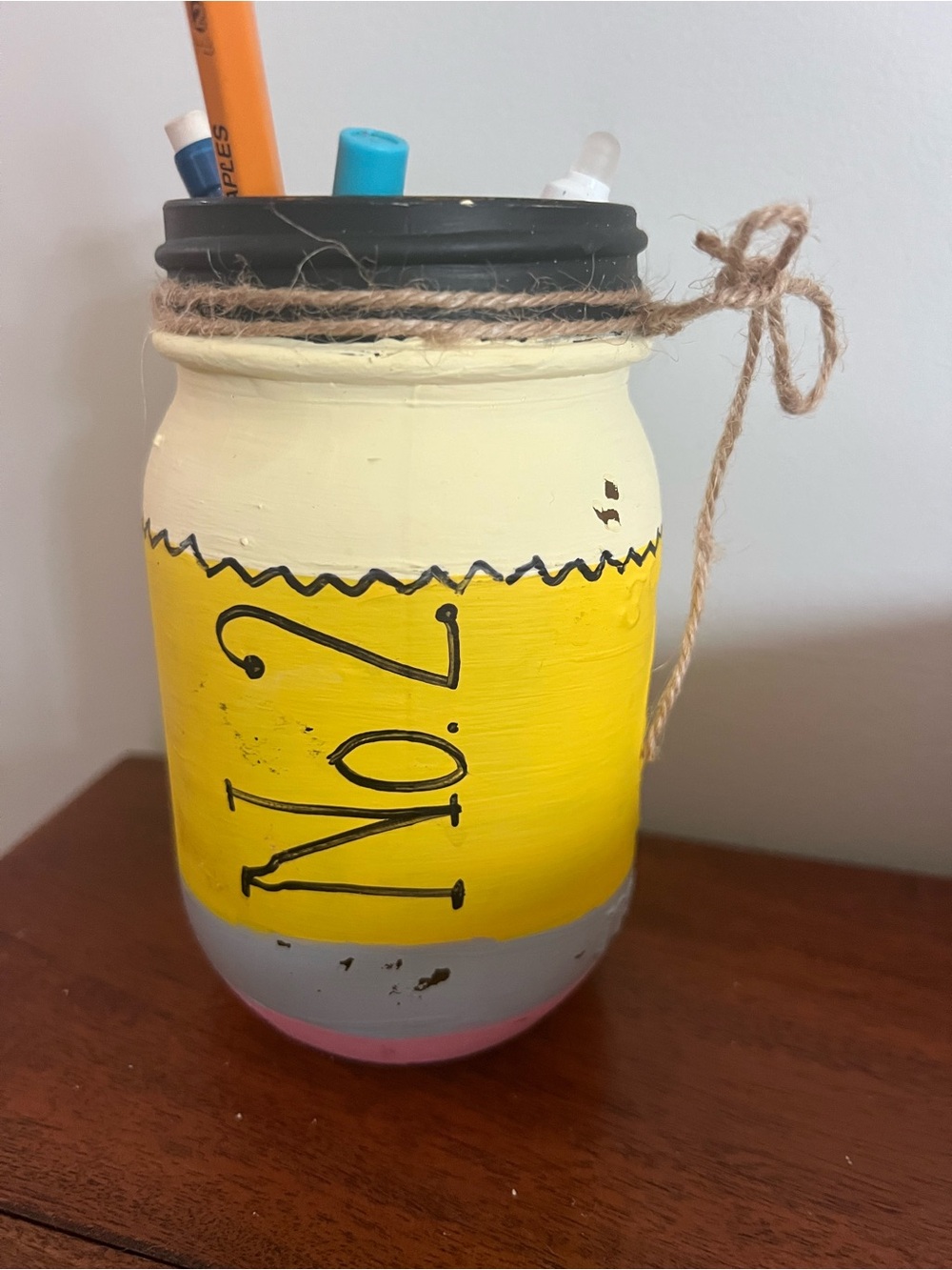 Hand-Painted Mason Jar Pencil Holder in Yellow & Cream